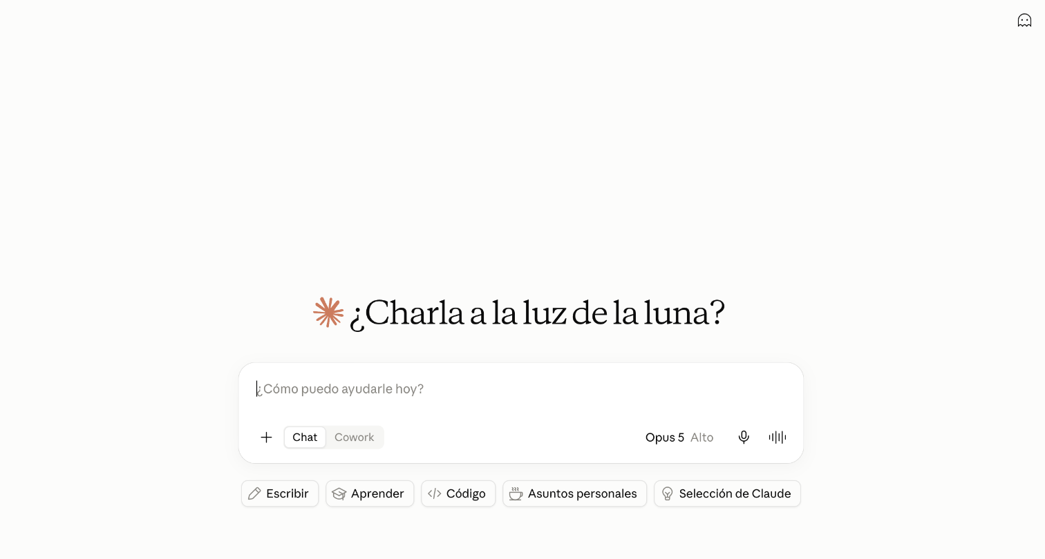 Interfaz de composición de Claude.ai, con selector de modelo Opus 5 y accesos directos a Escribir, Aprender, Código y Asuntos personales.