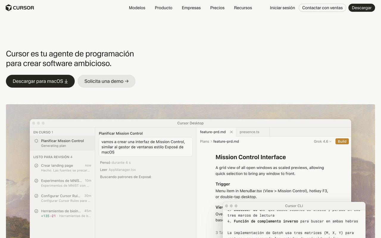 Página oficial de Cursor mostrando su editor con un plan de tareas en curso y un panel de chat con el agente construyendo una interfaz.