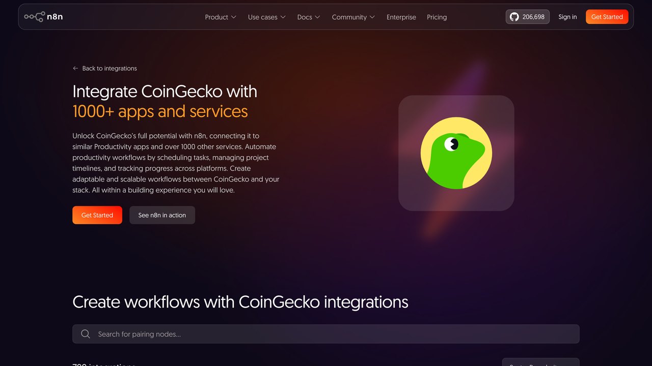 Página de la integración de CoinGecko en n8n