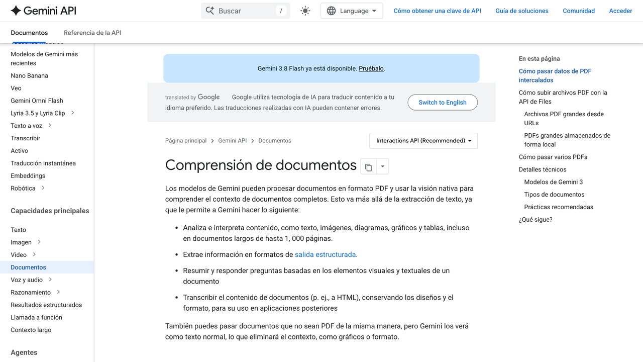 Documentación de Google sobre el procesamiento de documentos con Gemini