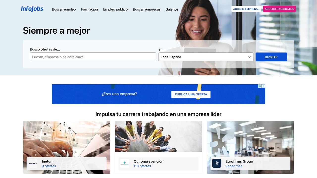 Portada de InfoJobs, portal de ofertas de empleo en España