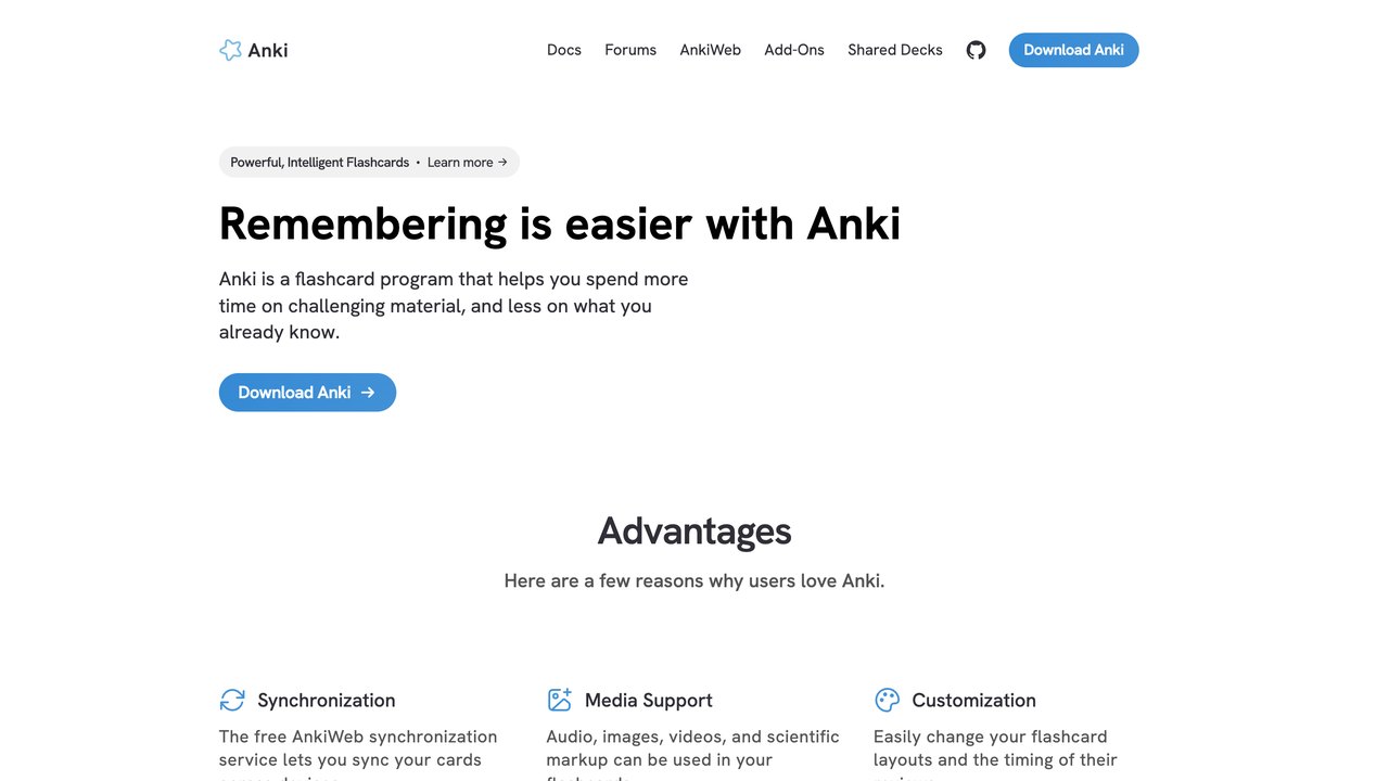 Web de Anki, la aplicación de tarjetas de repaso espaciado