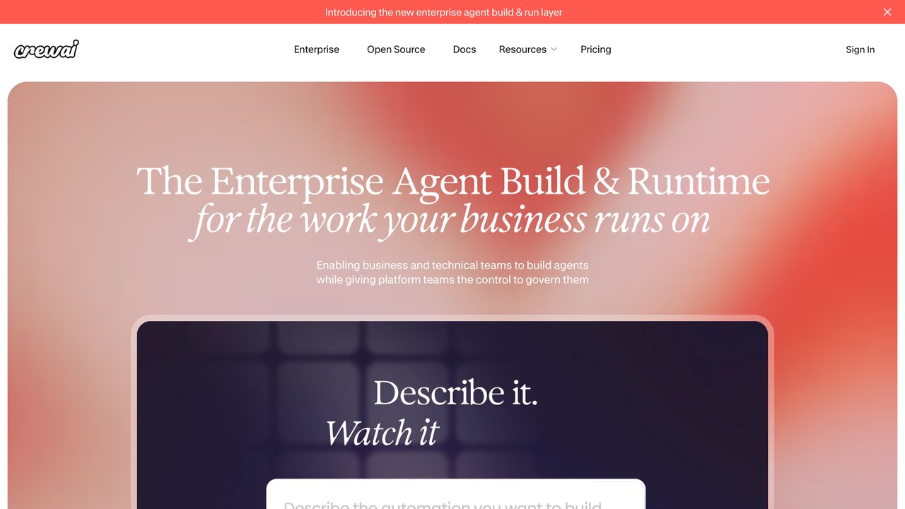 Web de CrewAI, framework para coordinar varios agentes