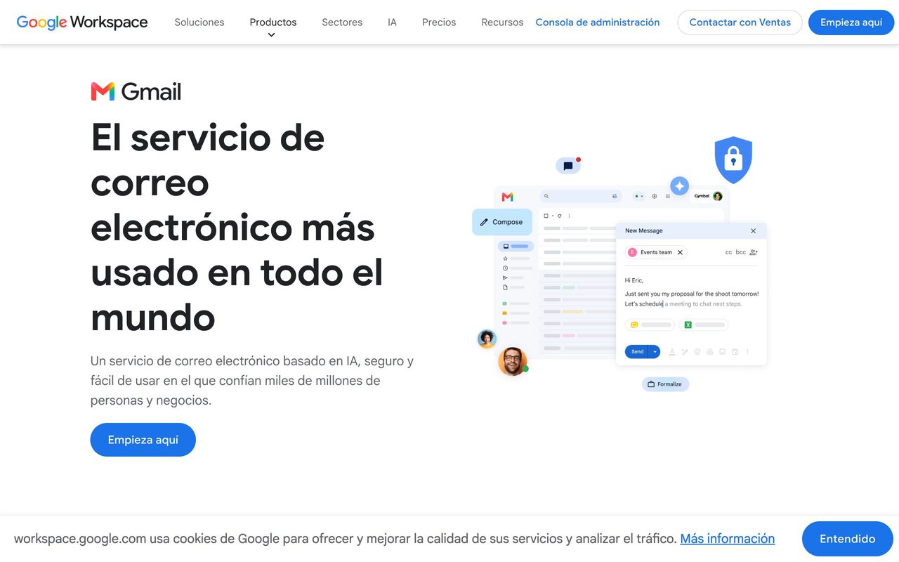 Página oficial de Gmail dentro de Google Workspace mostrando su interfaz con funciones de IA integradas, como redacción asistida de un correo.