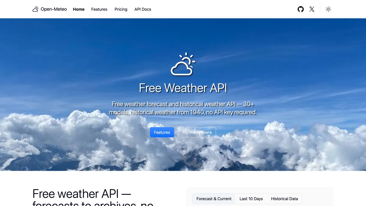 Web de Open-Meteo, la API meteorológica gratuita que usa el agente de esta guía