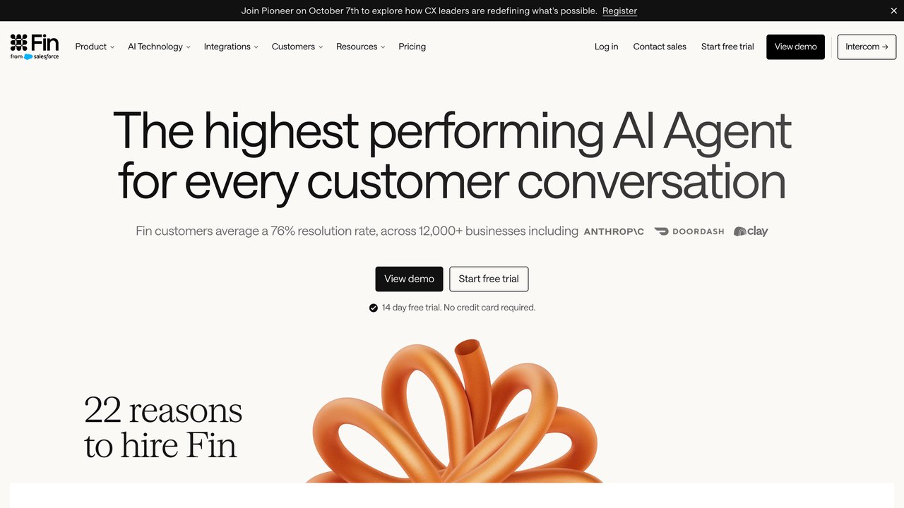 Web de Fin, el agente de atención al cliente con IA de Intercom