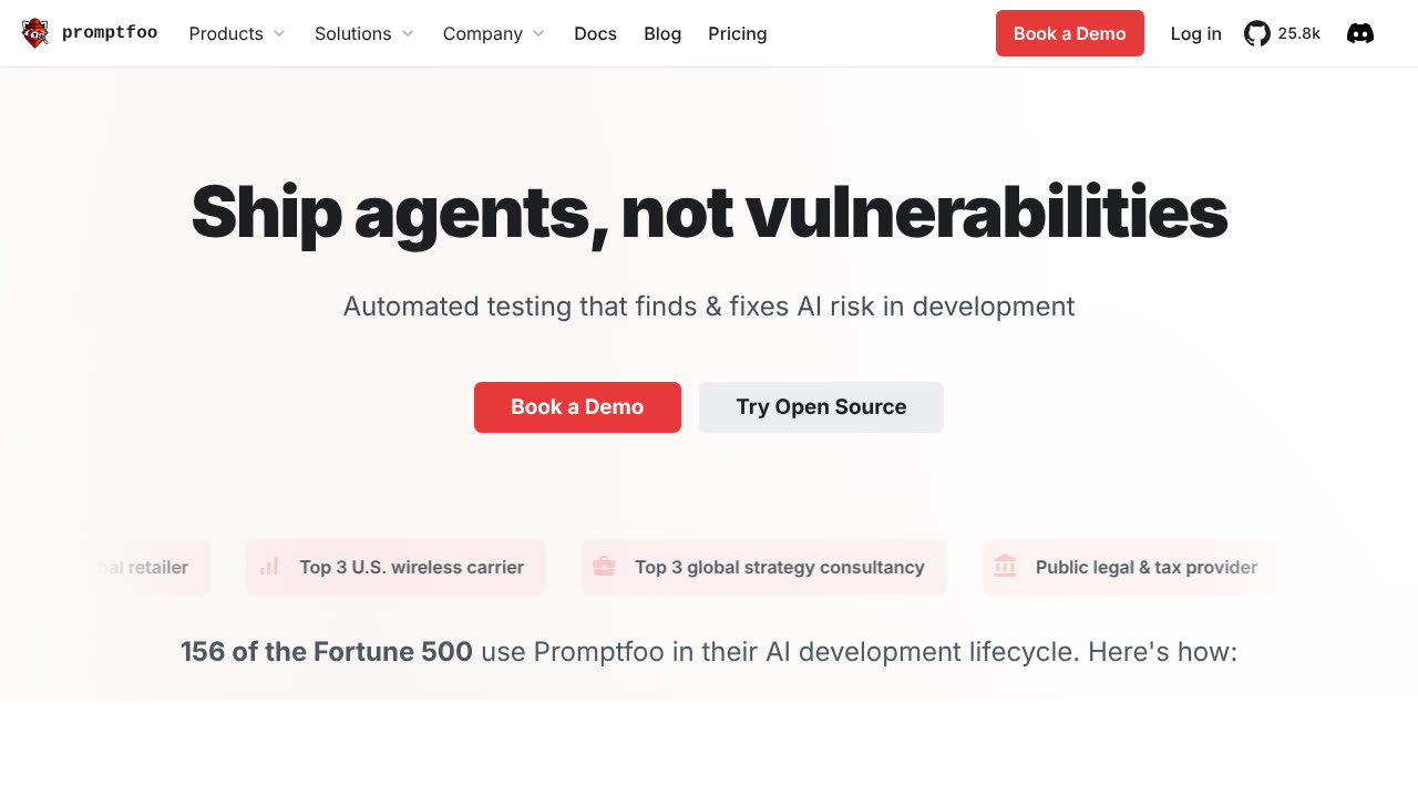 Web de Promptfoo, herramienta de pruebas automatizadas para agentes de IA