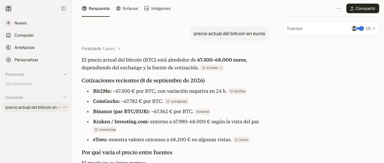 Captura real de Perplexity respondiendo con datos en vivo y citando explícitamente cinco fuentes distintas (Bit2Me, CoinGecko, Binance, Investing.com, eToro), ejemplo de respuesta con grounding real.
