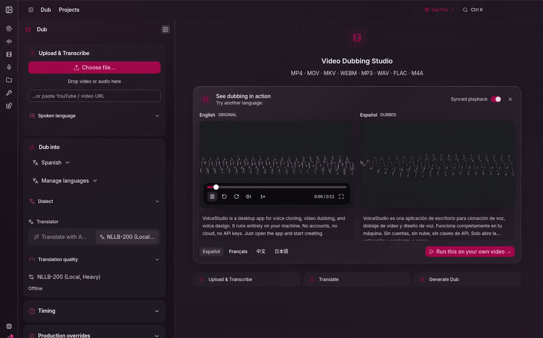 Pantalla de doblaje de VoiceStudio: el audio original en inglés junto a la versión doblada al español